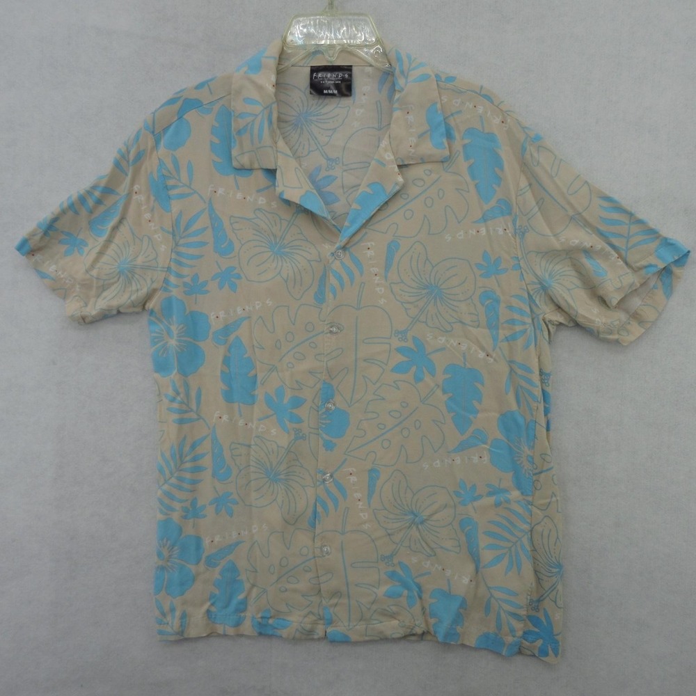 Friends Culturefly Shirt Mens Medium Beige Blue Floral Hawaiian Rayon Button Up